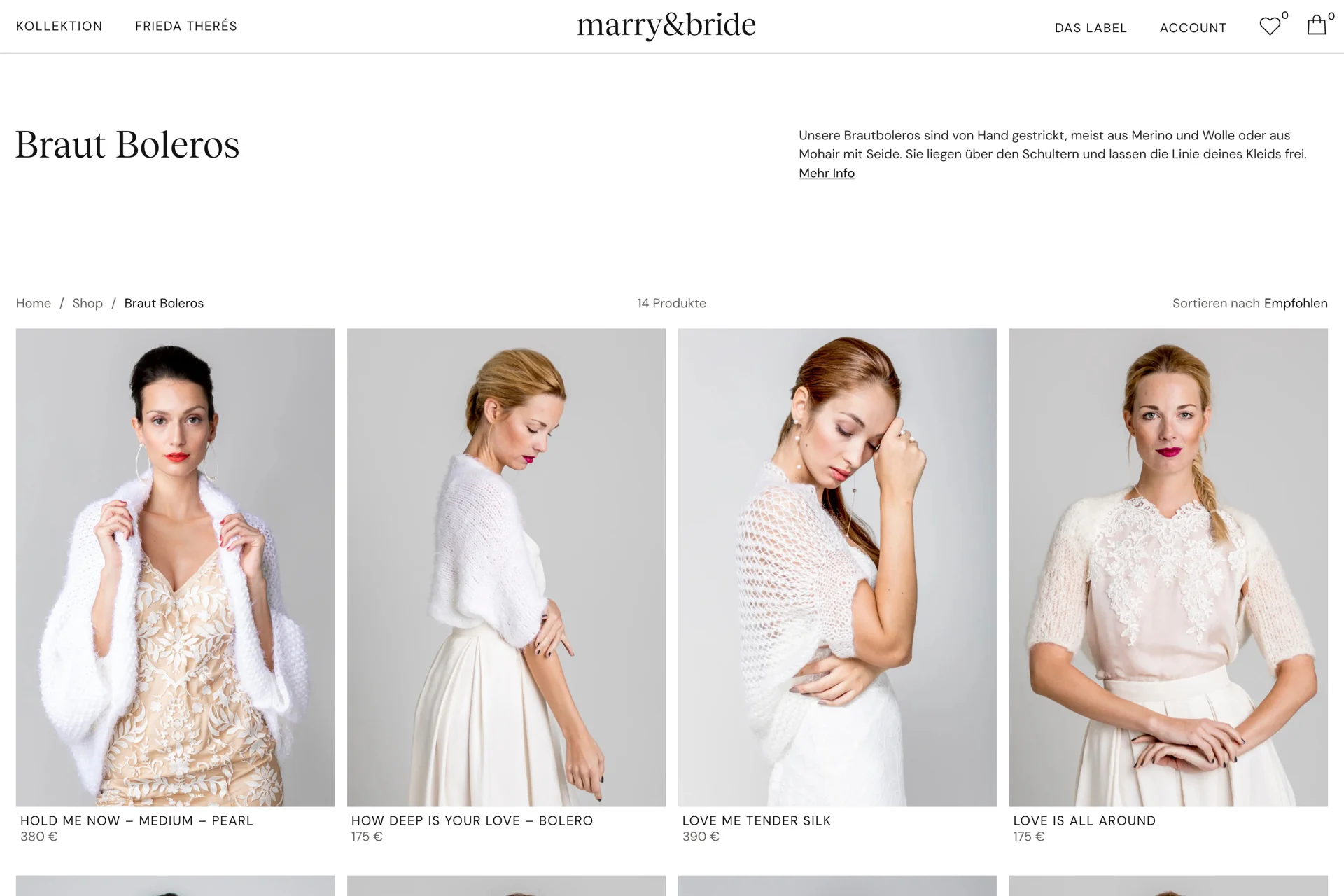 Kategorieseite des Onlineshops von marry&bride mit Brautboleros.