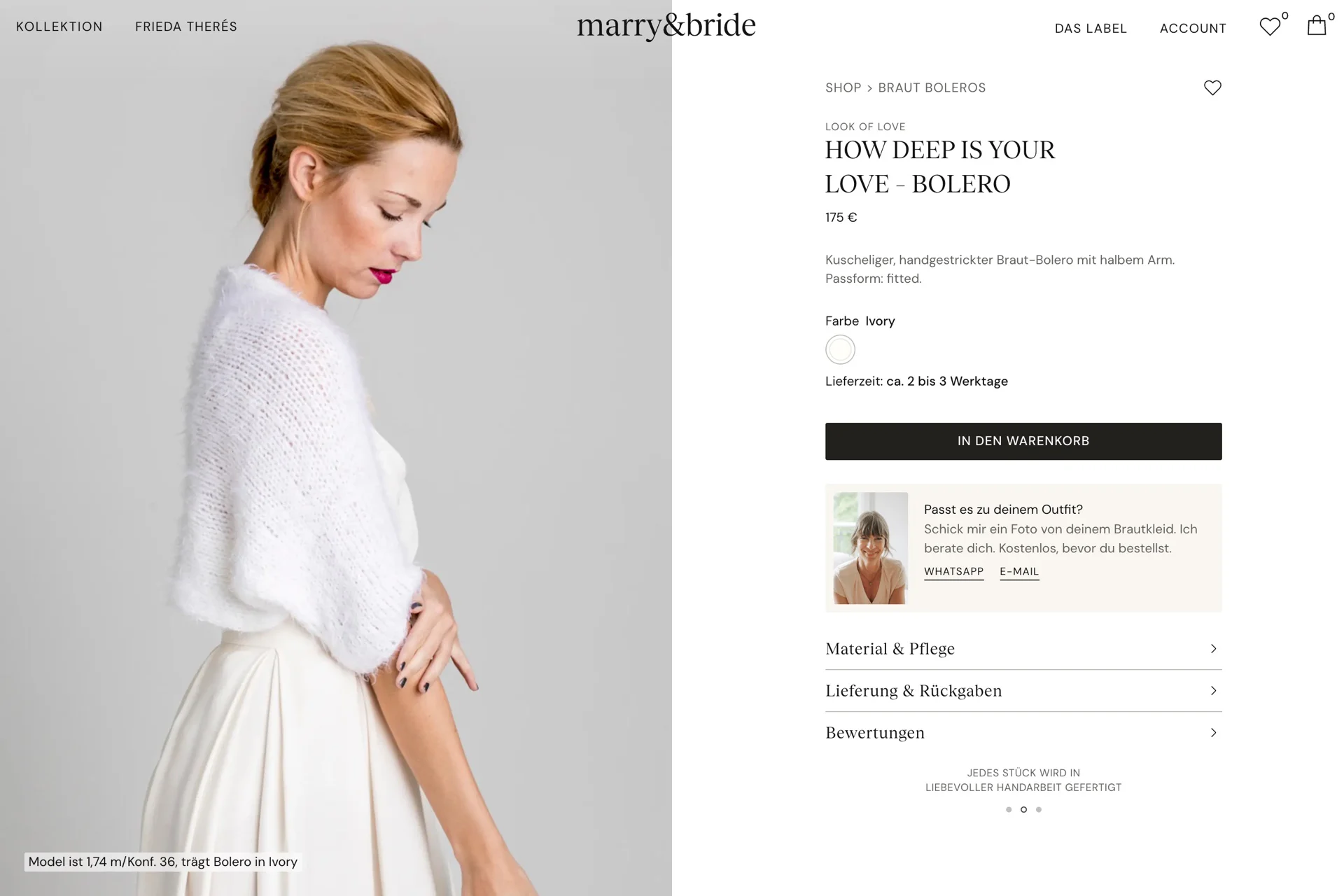 Produktseite eines Boleros im Onlineshop von marry&bride.