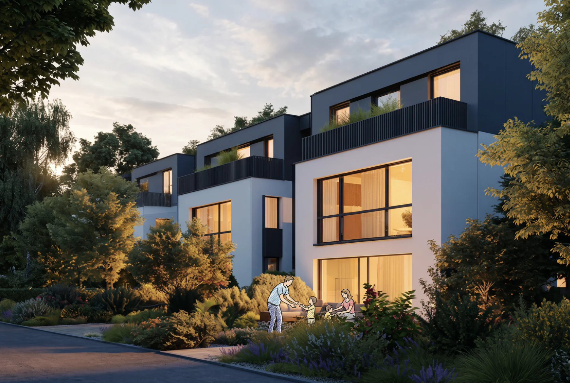 Die Häuser des Quartier Grünfeld in der Abendsonne, mit Garten und einer Familie davor.